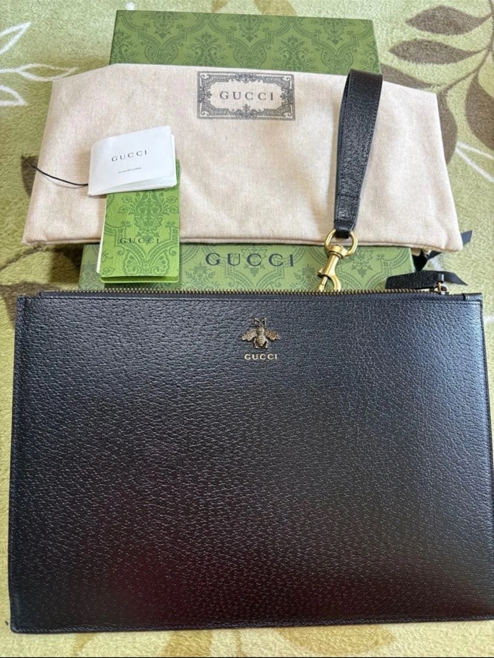 Gucci Black Leather Wristlet Pouch with Gold Bee Accent